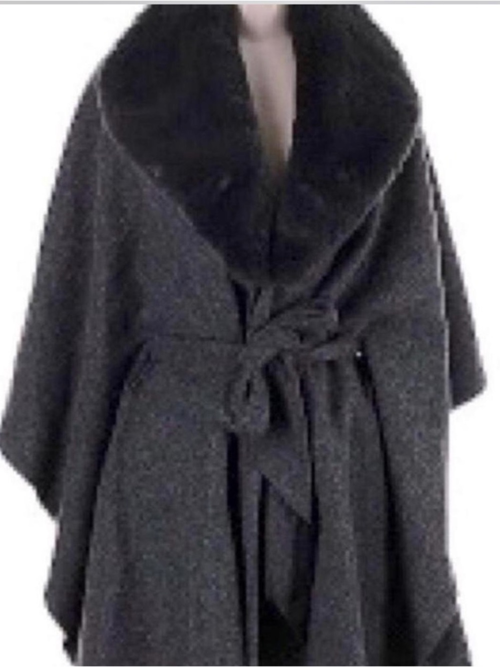 Dark Charcoal Wool Wrap Cape Jacket with Faux Fur Collar - Picture 4 of 6